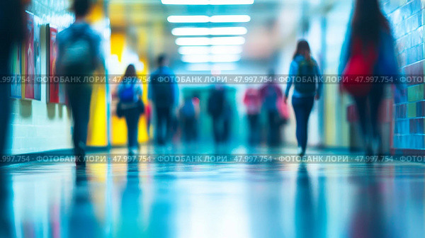 A somewhat blurry hospital corridor filled with numerous people walking about on their various errands and duties. Стоковое AI-изображение, AI-художник Anastasy Yarmolovich / Фотобанк Лори