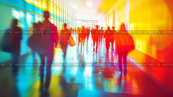 A somewhat blurry hospital corridor filled with numerous people walking about on their various errands and duties. Стоковое AI-изображение, AI-художник Anastasy Yarmolovich / Фотобанк Лори