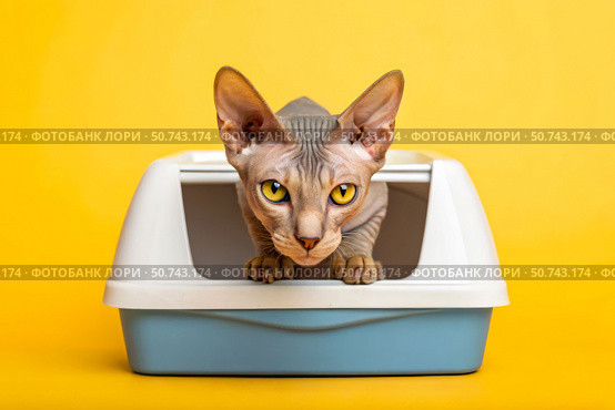 A sphynx cat with bright yellow eyes peeks out of a blue and white litter box against a bright yellow background. Pet toilet. Стоковое AI-изображение, AI-художник Коханова Наталья / Фотобанк Лори