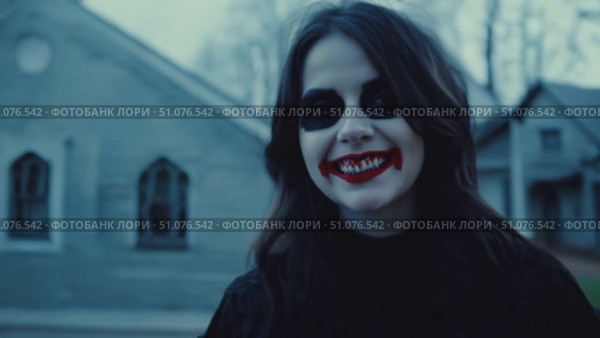 A spooky character with striking makeup roams a quiet neighborhood as dusk falls. Стоковое AI-видео, аниматор Данила Большаков / Фотобанк Лори