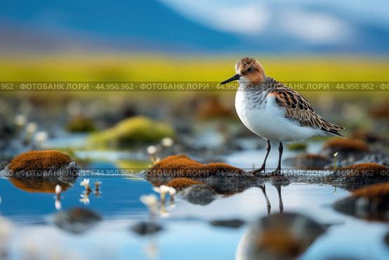 A Spoon-billed Sandpiper, a migratory shorebird, wading in shallow coastal waters. Стоковое AI-изображение, AI-художник Veniamin Kraskov / Фотобанк Лори