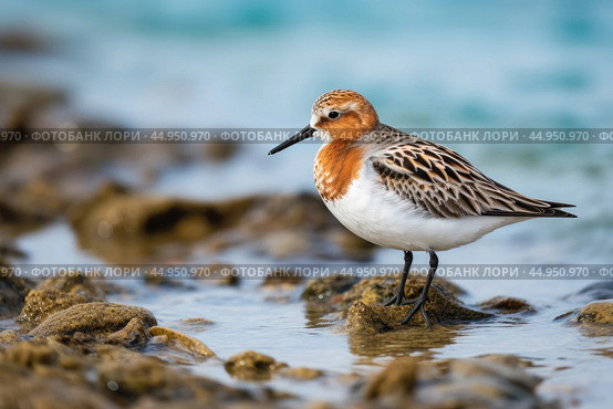 A Spoon-billed Sandpiper, a migratory shorebird, wading in shallow coastal waters. Стоковое AI-изображение, AI-художник Veniamin Kraskov / Фотобанк Лори