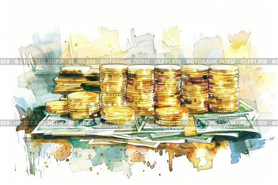 A stack of gold coins positioned on a heap of currency notes. A representation of wealth and financial assets. Стоковое AI-изображение, AI-художник Данила Большаков / Фотобанк Лори