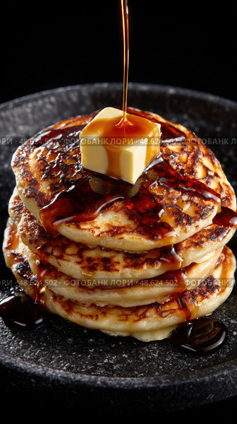 A stack of pancakes with syrup and butter on top. Стоковое AI-изображение, AI-художник Ярославский Максим / Фотобанк Лори