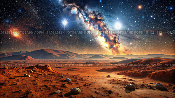 A Starry Night Over the Martian Landscape. Generative AI. Стоковое AI-изображение, AI-художник Roman Zavorotny / Фотобанк Лори