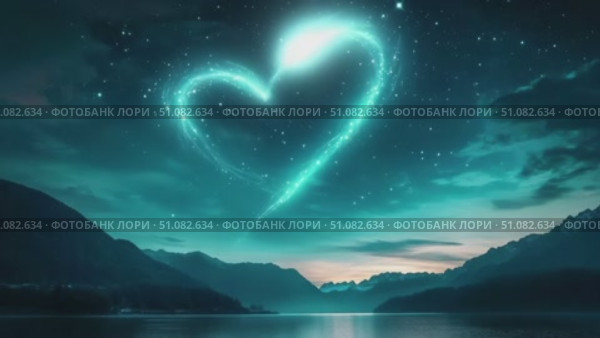 A starry night sky with a glowing heart shape formed by stars. Mountains and a calm lake reflect the celestial scene, creating a serene atmosphere. Стоковое AI-видео, аниматор Nart / Фотобанк Лори