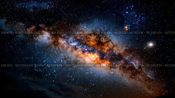 A starry night sky with a large, orange cloud in the middle. Стоковое AI-изображение, AI-художник Ярославский Максим / Фотобанк Лори