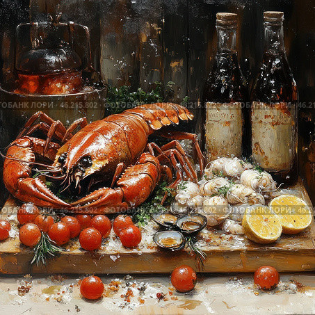 A still life in oil painting style depicting a sumptuous seafood dinner. In the center of the composition is a large red lobster with powerful claws, surrounded by a variety of seafood, including oysters, scallops and clams. Scattered around are bright red tomatoes, fresh herbs and spices. Nearby are lemon halves, adding contrast and freshness to the composition. In the background are two wine bottles with worn labels, which gives the painting a vintage atmosphere. In the corner, an old metal saucepan is visible, creating a sense of coziness and traditional cuisine. The painting conveys warmth, richness of flavors and a festive mood. Стоковое AI-изображение, AI-художник Анна Кривицкая / Фотобанк Лори