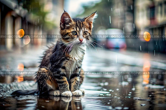 A stray animal. A wet, sad, abandoned, hungry kitten is sitting in a puddle in the rain. Shelter, rescue, help charity, donations for homeless animals. Стоковое AI-изображение, AI-художник Photojuli / Фотобанк Лори