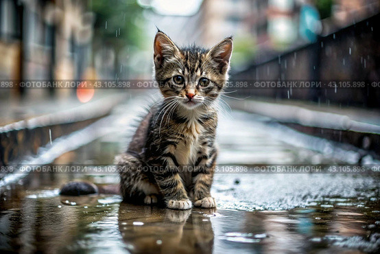 A stray animal. A wet, sad, abandoned, hungry kitten is sitting in a puddle in the rain. Shelter, rescue, help charity, donations for homeless animals. Стоковое AI-изображение, AI-художник Photojuli / Фотобанк Лори