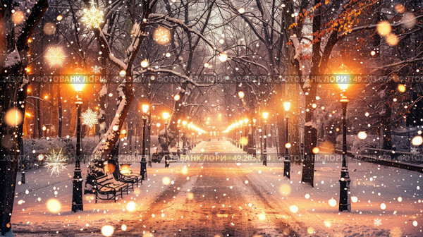 A street covered in snow with glowing street lights and benches lining the sidewalks. Стоковое AI-изображение, AI-художник Данила Большаков / Фотобанк Лори