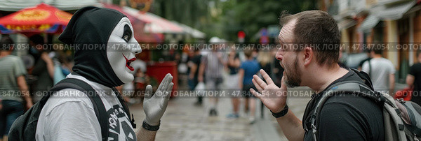 A street performer in a striking mask engages in a lively conversation with a captivated onlooker in an urban setting. Стоковое AI-изображение, AI-художник Данила Большаков / Фотобанк Лори