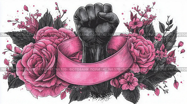 A striking composition of a black fist raised in defiance is surrounded by lush pink roses, representing resilience and solidarity for equality. Стоковое AI-изображение, AI-художник Данила Большаков / Фотобанк Лори