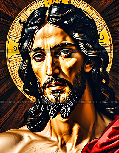 A striking representation of Jesus Christ radiating love and compassion, set against an ethereal background that enhances the transcendent atmosphere. Every detail reflects deep faith Generative AI. Стоковое AI-изображение, AI-художник Юлия Петровская / Фотобанк Лори