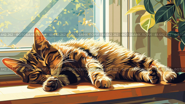 A striped cat rests comfortably on a windowsill, basking in warm sunlight while surrounded by green plants, creating a peaceful ambiance. Стоковое AI-изображение, AI-художник Данила Большаков / Фотобанк Лори