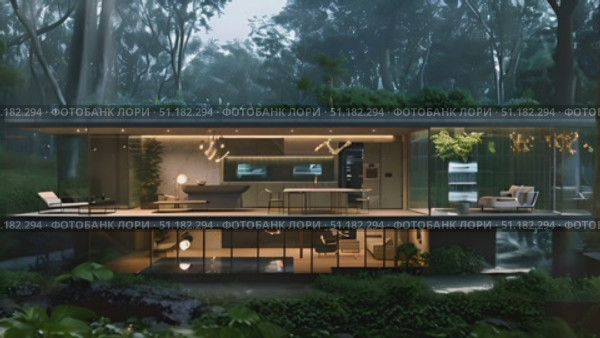 A stunning modern house features expansive glass walls, blending seamlessly with the surrounding forest at twilight, creating a tranquil ambiance. Стоковое AI-видео, аниматор Данила Большаков / Фотобанк Лори