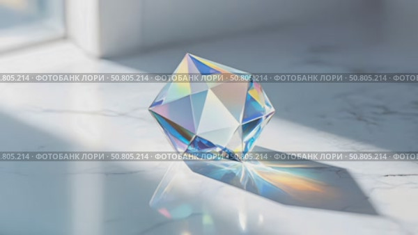 A stunning rainbow prism diamond rests elegantly on a polished marble surface, captivating the eye. Стоковое AI-видео, аниматор Лариса Пономарева / Фотобанк Лори