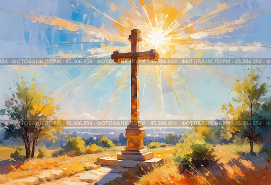 A stunning sunset illuminates a large wooden cross, radiating colorful rays of light. In the distance, a quaint chapel completes this serene rural landscape. A radiant sun shining through a cross. AI. Стоковое AI-изображение, AI-художник Юлия Петровская / Фотобанк Лори