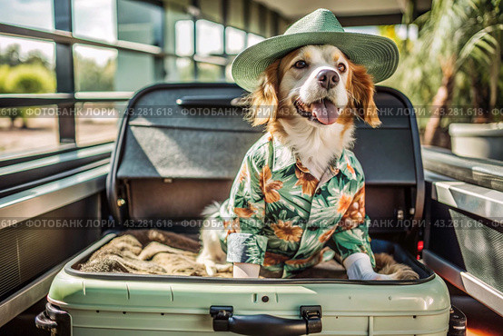A stylish puppy on a journey, a charming funny dog in a Hawaiian shirt and hat, sitting in an open suitcase. The concept of summer holidays and traveling with animals. Стоковое AI-изображение, AI-художник Photojuli / Фотобанк Лори