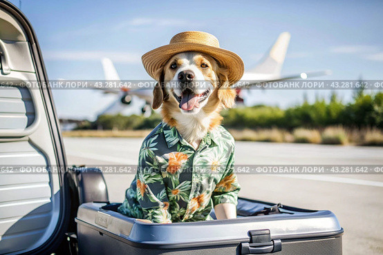 A stylish puppy on a journey, a charming funny dog in a Hawaiian shirt and hat, sitting in an open suitcase. The concept of summer holidays and traveling with animals. Стоковое AI-изображение, AI-художник Photojuli / Фотобанк Лори