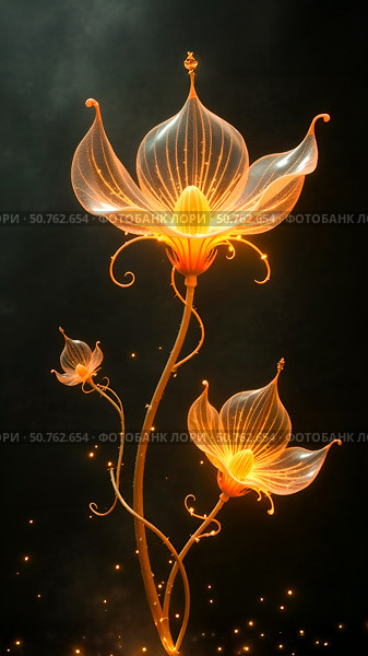 A subtle, transparent silhouette outline of mystical flowers reminiscent of a passion flower vine, drawn with smoke and thin strands of energy glowing with a golden light. Стоковое AI-изображение, AI-художник Галина Эмберг / Фотобанк Лори