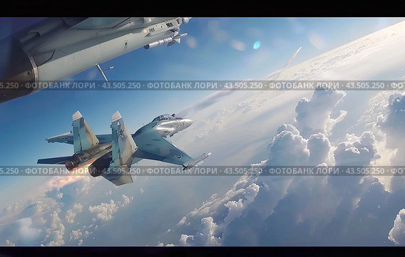 A supersonic fighter jet flies above the clouds during training. Стоковое AI-изображение, AI-художник Ярославский Максим / Фотобанк Лори