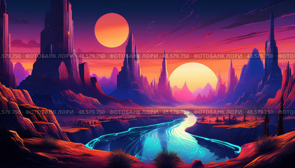 A surreal alien landscape with twin suns and a glowing river conveys themes of exploration, otherworldly beauty and cosmic imagination. Стоковое AI-изображение, AI-художник Ольга Сухарева / Фотобанк Лори