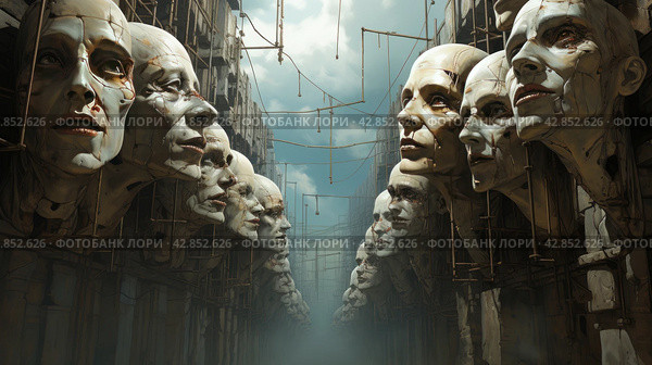 A surreal scene with many floating faces in space that seem to be part of a complex structure or machine. The style is reminiscent of fantasy or post-apocalyptic worlds. The faces have expressive but motionless features and are connected to each other by metal structures, creating a feeling of strangeness and unusualness. Стоковое AI-изображение, AI-художник Анна Кривицкая / Фотобанк Лори