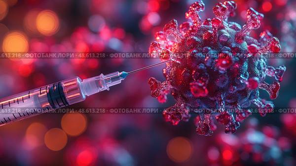 A syringe is poised to inject into a coronavirus cell, symbolizing the ongoing vaccination campaigns against the pandemic. Стоковое AI-изображение, AI-художник Данила Большаков / Фотобанк Лори