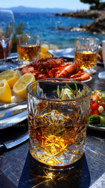 A table with a glass of liquor and a plate of food. Стоковое AI-изображение, AI-художник Ярославский Максим / Фотобанк Лори