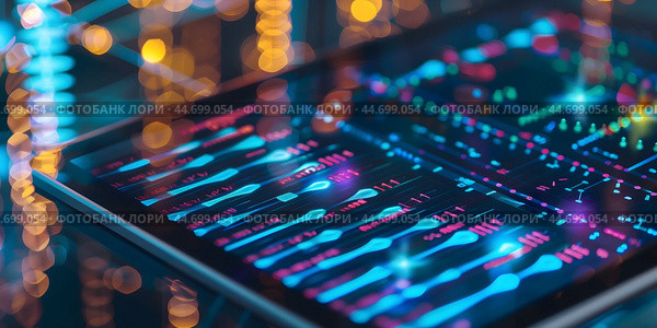 A tablet displaying  various scientific graphs and charts. Стоковое AI-изображение, AI-художник Anastacia Gaikova / Фотобанк Лори