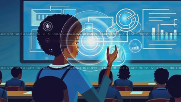 A teacher demonstrates interactive technology in a classroom, fostering student engagement and participation through innovative teaching methods. Стоковое AI-видео, аниматор Данила Большаков / Фотобанк Лори