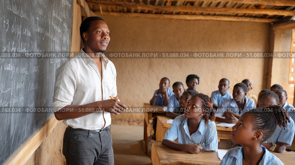 A teacher explaining a science experiment to African students in a modern, well-equipped classroom. Black African children from disadvantaged families study in school, read books, receive primary education, volunteer service. Стоковое AI-изображение, AI-художник ALLA YURTAYEVA / Фотобанк Лори