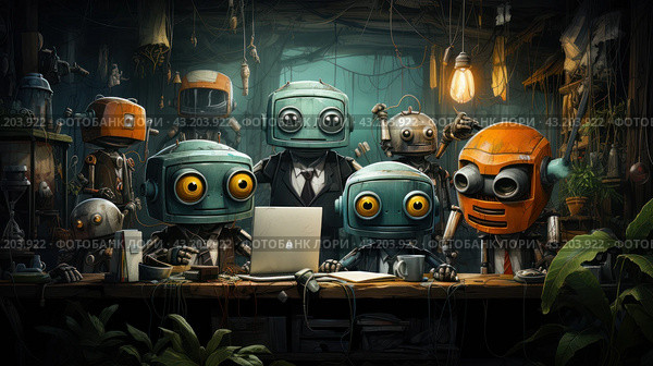 A team of robots gathered around a table in a cozy but somewhat chaotic workshop. The robots have a retro-futuristic design with large round eyes and colorful metal bodies. Some of them are dressed in business suits, giving the appearance of a "business meeting" style meeting. On the table in front of them are a laptop, cups and other items that create an atmosphere of productive work. Стоковое AI-изображение, AI-художник Анна Кривицкая / Фотобанк Лори