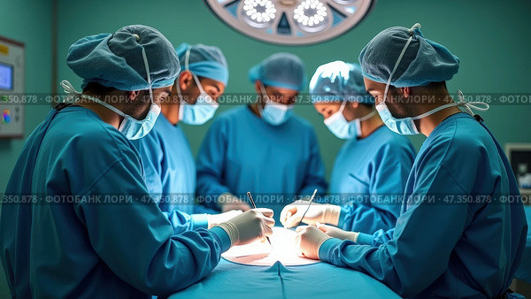 A team of skilled surgeons in blue scrubs and masks work meticulously on a patient, focusing on precise movements in a clean, bright operating room. Стоковое AI-изображение, AI-художник Sergey Grishin / Фотобанк Лори