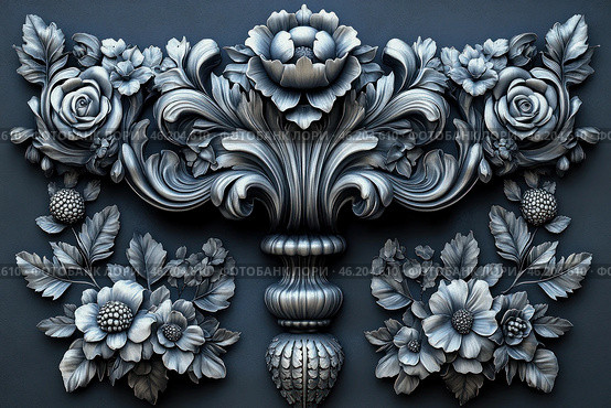 A three-dimensional decorative composition in the Baroque or Rococo style. The carved image is made in metallic, silver-gray color and contains rich floral patterns, curved lines and details reminiscent of wood carving or metal bas-relief. The central element of the composition is a flower similar to a peony or rose, surrounded by gracefully curved leaves and additional flowers. The painting gives a sense of luxury, classical craftsmanship and artistic symmetry. Стоковое AI-изображение, AI-художник Анна Кривицкая / Фотобанк Лори