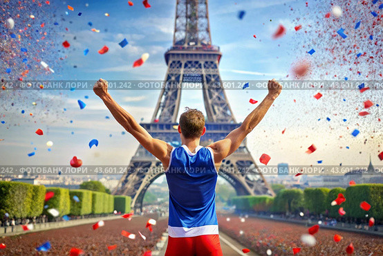 A track and field athlete won during a marathon or race against the backdrop of the Eiffel Tower at a sporting event. The concept of the Summer Olympic Games. Стоковое AI-изображение, AI-художник Photojuli / Фотобанк Лори