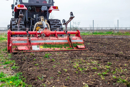 A tractor equipped with a red rotary cultivator actively prepares the soil in a rural field. The equipment loosens the earth, preparing it for planting and cultivation. Стоковое фото, фотограф Коханова Наталья / Фотобанк Лори