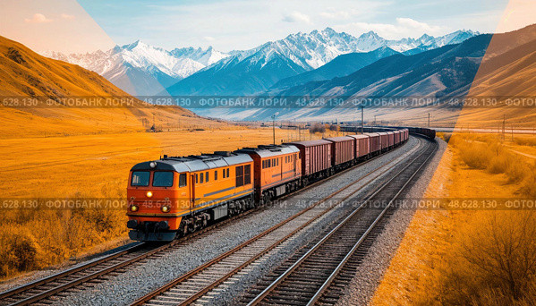 A train is traveling down a track with mountains in the background. Стоковое AI-изображение, AI-художник Ярославский Максим / Фотобанк Лори