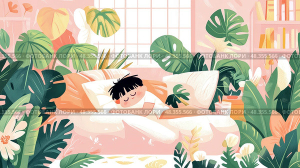 A tranquil nap in a lush indoor garden: Restful slumber amidst serene botanical bliss, perfect home decor, poster or print. Стоковое AI-изображение, AI-художник Данила Большаков / Фотобанк Лори