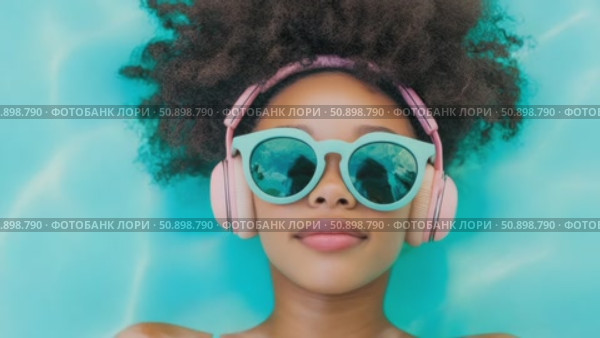 A tranquil overhead portrayal of a relaxed individual floating in clear aqua water, sporting chic eyewear and comfortable audio equipment. Стоковое AI-видео, аниматор Данила Большаков / Фотобанк Лори
