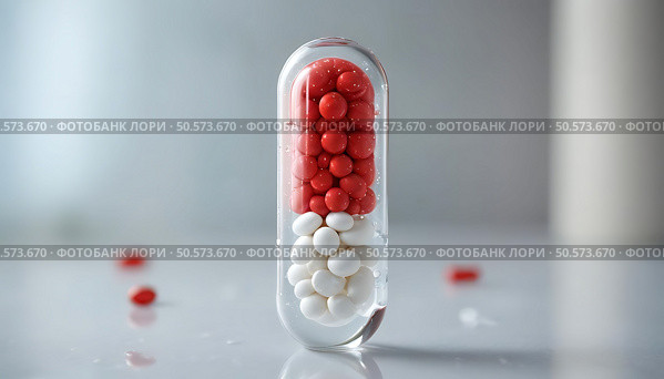 A transparent capsule filled with red and white pills. The capsule stands upright on a reflective surface with scattered pills around it. Стоковое AI-изображение, AI-художник Olga Dmitrieva / Фотобанк Лори