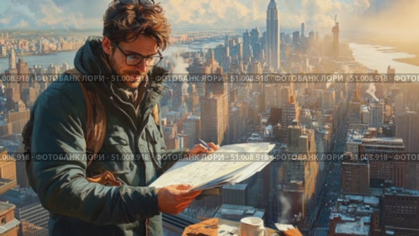 A traveler examines maps while overlooking New York City, basking in the early morning light with the skyline in the background. Стоковое AI-видео, аниматор Данила Большаков / Фотобанк Лори