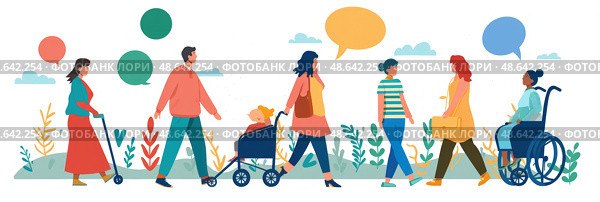 A variety of individuals stroll through a vibrant park, interacting and enjoying a pleasant day while pushing strollers and using assistive devices. Стоковое AI-изображение, AI-художник Данила Большаков / Фотобанк Лори