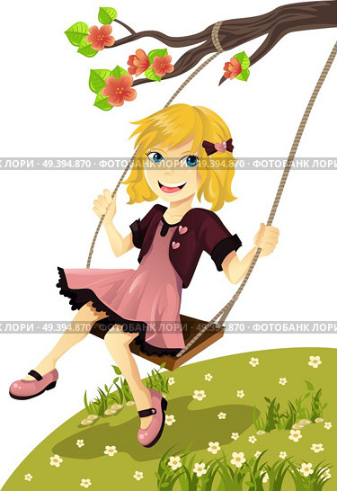 A vector illustration of a cute girl on a swing outside. Стоковая иллюстрация, агентство Ingram Publishing / Фотобанк Лори
