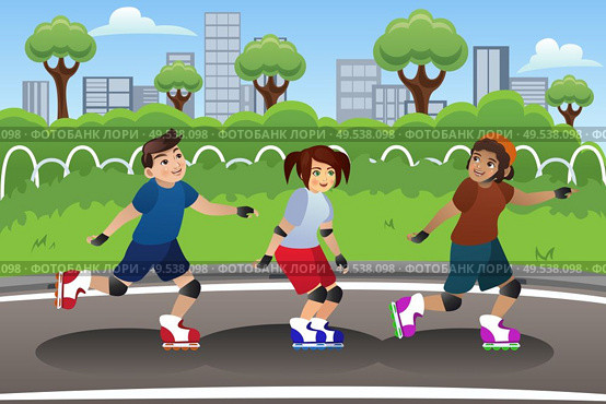 A vector illustration of a group of kids rollerblading outdoor. Стоковая иллюстрация, агентство Ingram Publishing / Фотобанк Лори