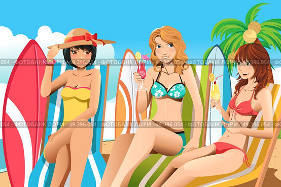 A vector illustration of a group of women relaxing on the beach. Стоковая иллюстрация, агентство Ingram Publishing / Фотобанк Лори