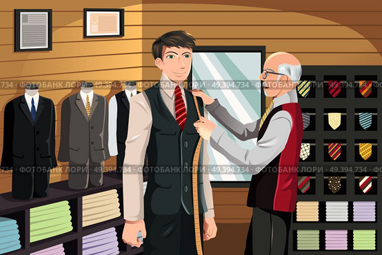 A vector illustration of a man being measured for a fitted suit by a tailor. Стоковая иллюстрация, агентство Ingram Publishing / Фотобанк Лори