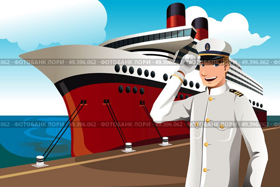 A vector illustration of a sailor in front of a big ship parked at the harbor. Стоковая иллюстрация, агентство Ingram Publishing / Фотобанк Лори