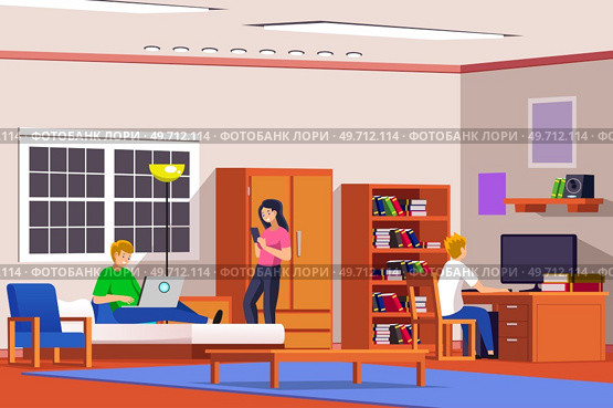 A vector illustration of College Students in a College Dorm Room. Стоковая иллюстрация, агентство Ingram Publishing / Фотобанк Лори